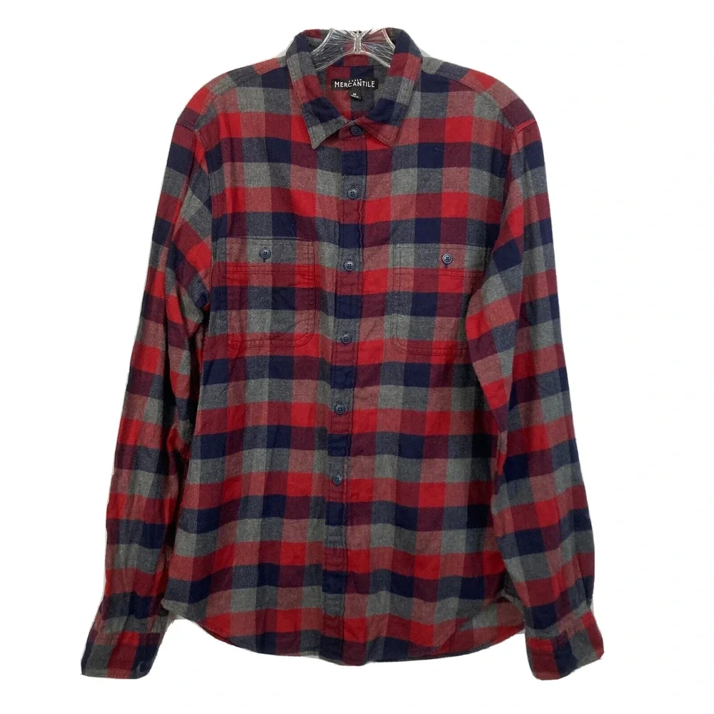 J.‎ Crew Mercantile Shirt Mens Sz M Blue Red Gray Check Cotton Flannel Button Up